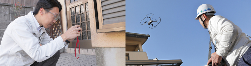 カメラを構えて外壁診断する様子。ドローンを使用して屋根上を診断する様子。