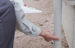 雨樋を調査している様子