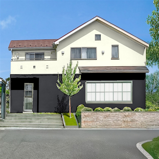 カラーシュミレーションで外壁に2色の塗料を塗った様子