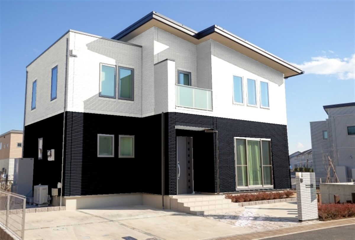 カラーシュミレーションで外壁に2色の塗料を塗った様子